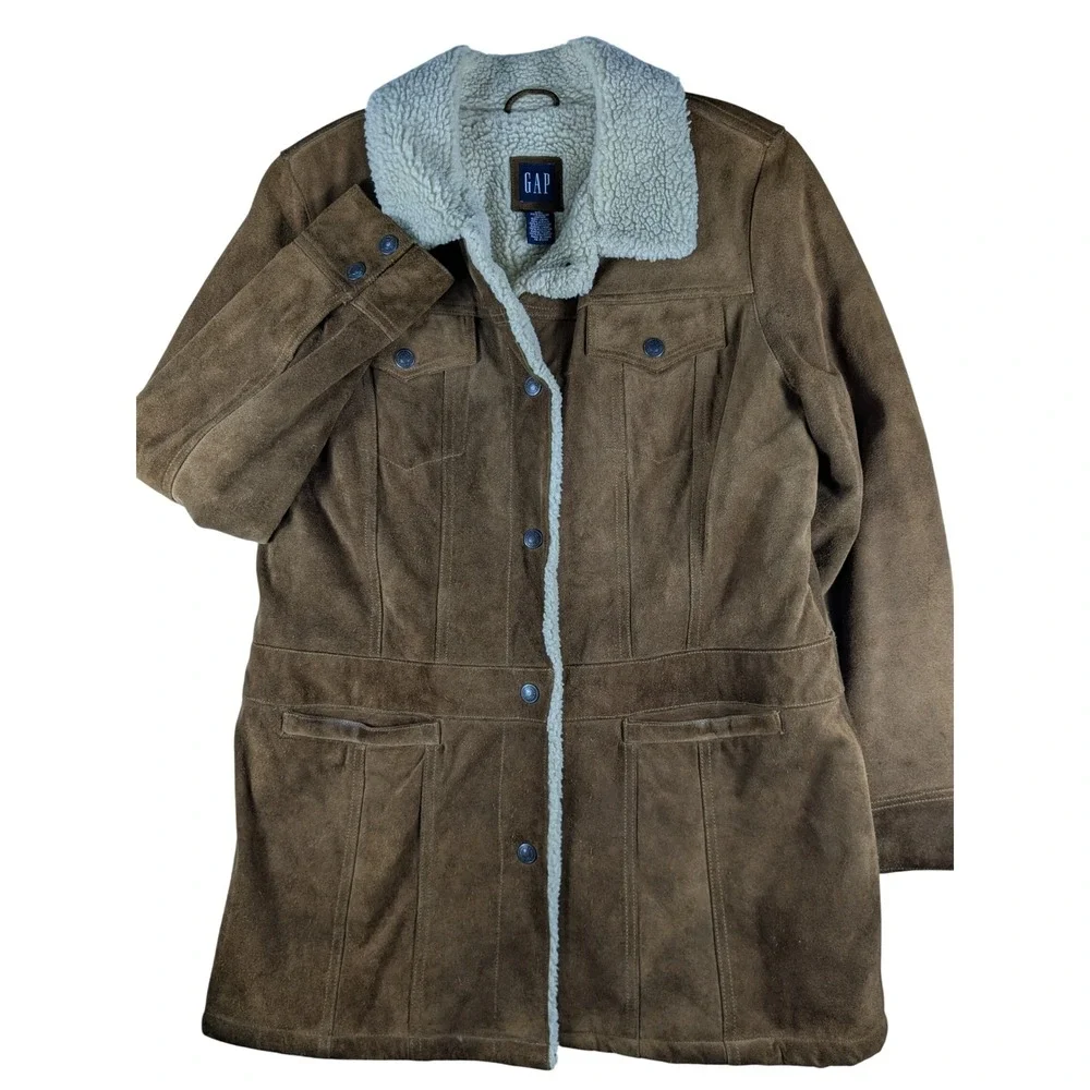 Vintage Gap Suede Sherpa Lined Front Snap Mid Length Coat Penny Lane Boho (Read)